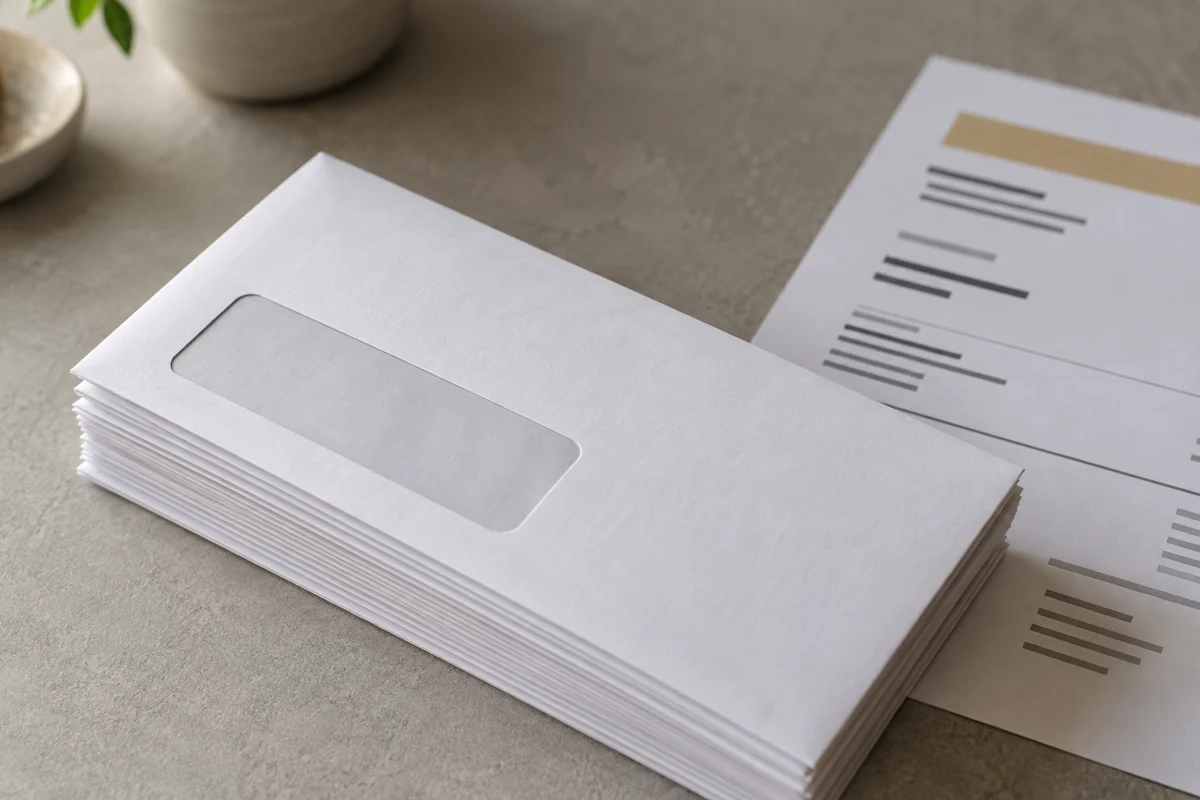 Illustrative close-up of window envelopes and a generic statement sample